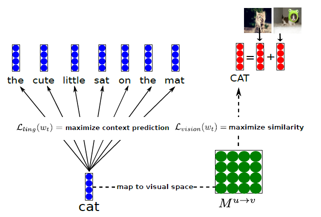 From Lazaridou, Pham, and Baroni (2015). The linguistic embedding of the word ‘cat’ is mapped to a visual space, such that the similarity of vector representations of words and associated images is maximized.
