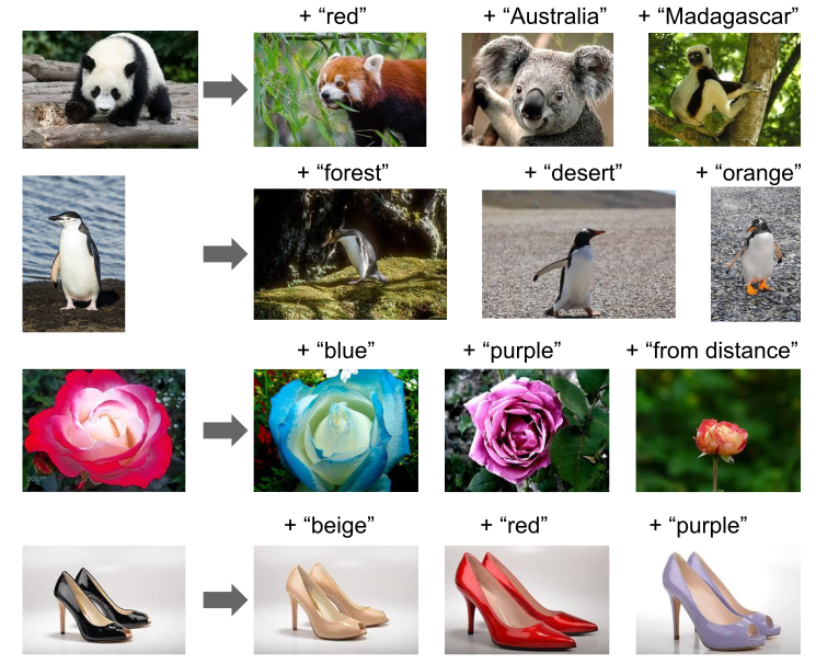 Multimodal image retrieval via arithmetic operations on word and image embeddings.